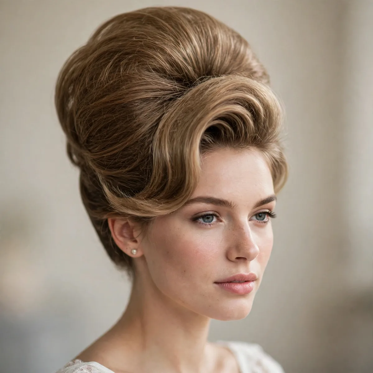 Voluminous beehive bridal updo with dramatic retro height
