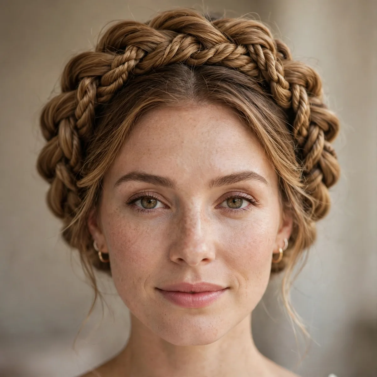 Twisted halo bridal updo with rope twists encircling the head