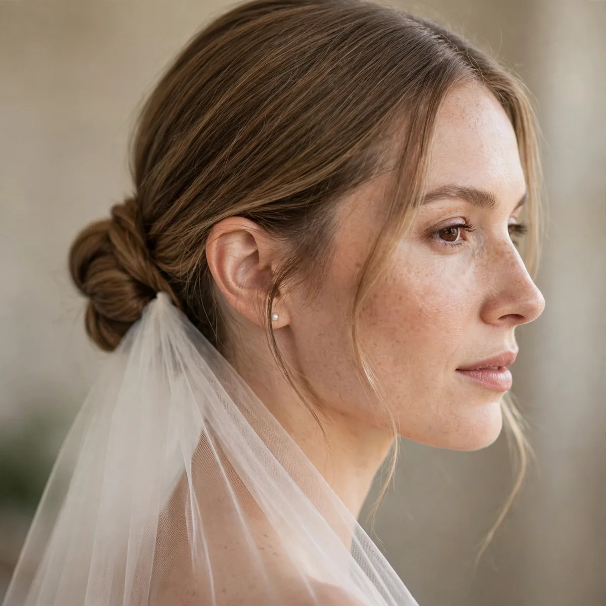 Simple low knot bridal updo designed for perfect veil placement