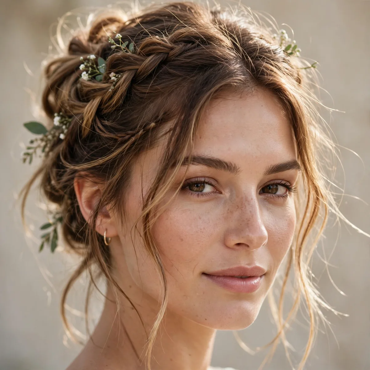 Boho bridal updo with loose braids and free-spirited texture