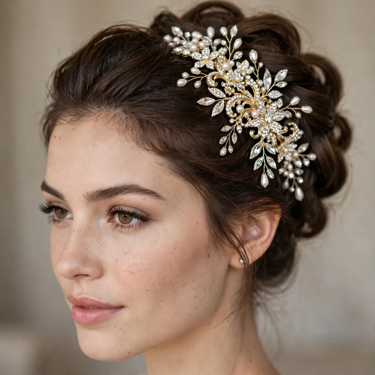 Bridal updo featuring a bold statement hairpiece as the focal point