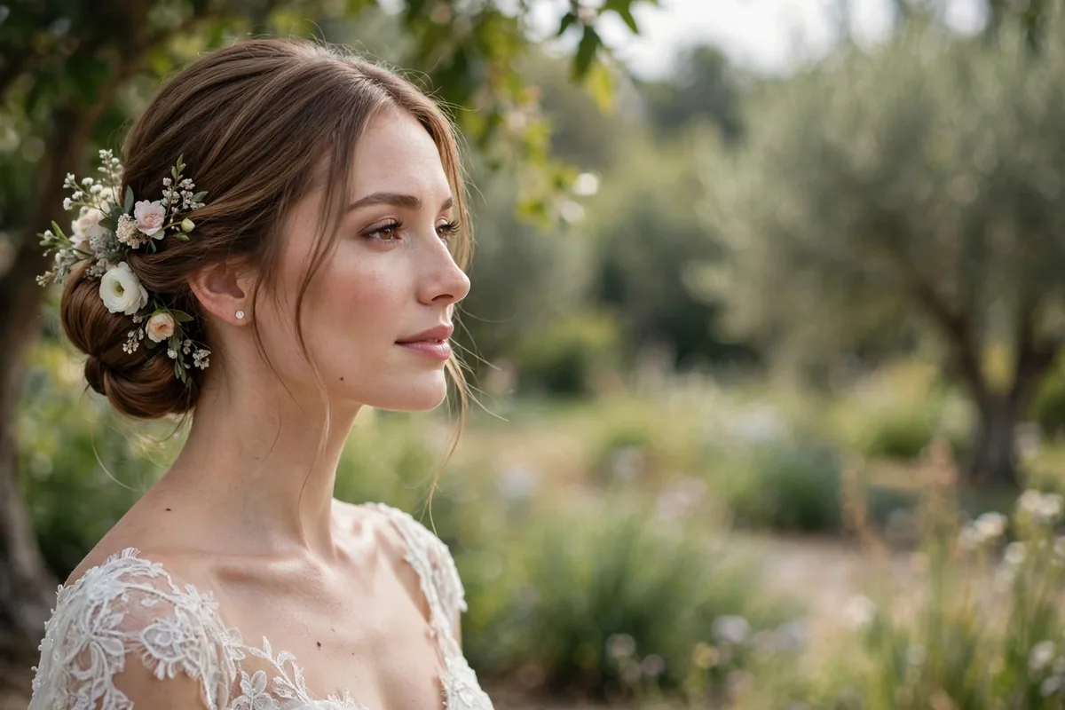 Bride with an elegant low chignon updo adorned with delicate flowers