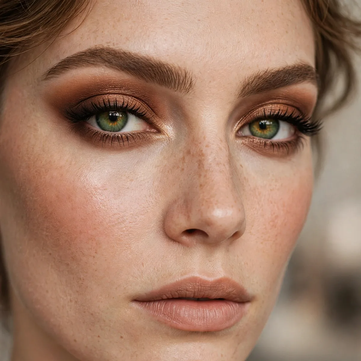 Warm brown cut crease eyeshadow defining green eyes dramatically