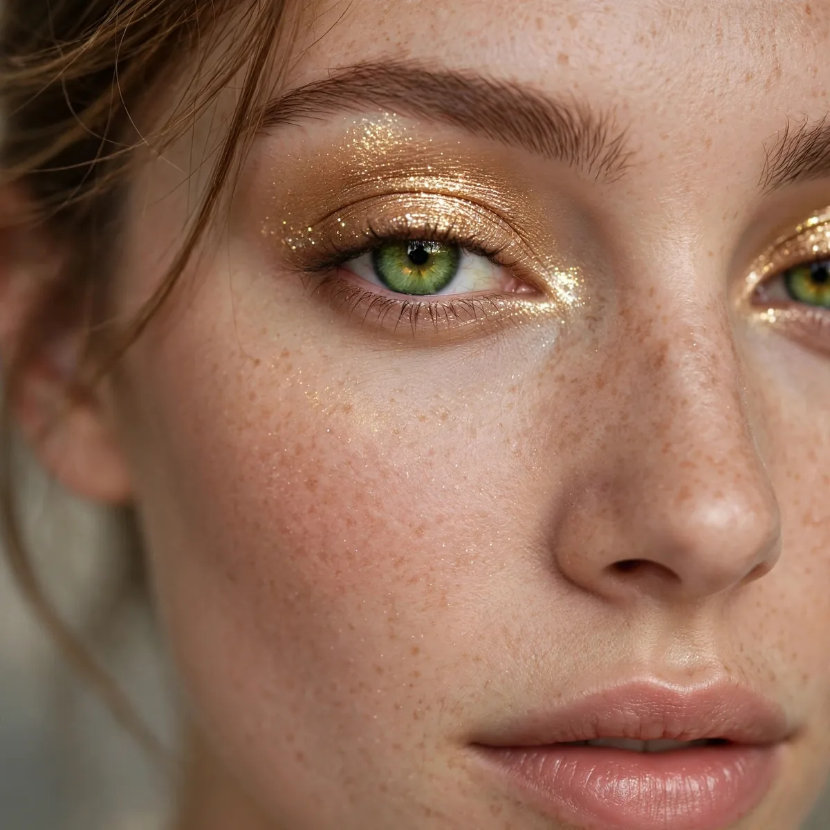 Golden champagne shimmer eyeshadow giving green eyes a radiant glow