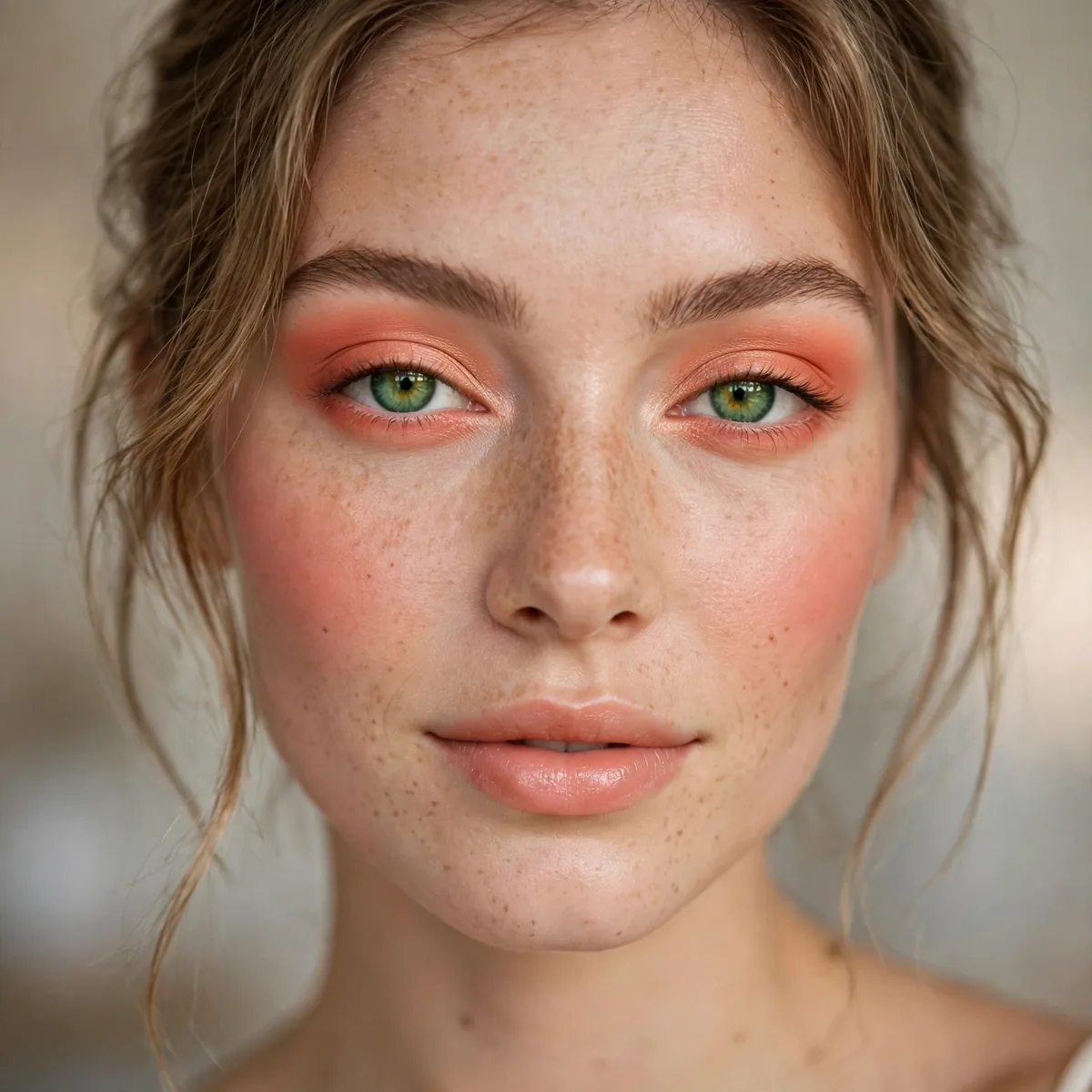 Peach and coral eyeshadow giving green eyes a fresh youthful glow