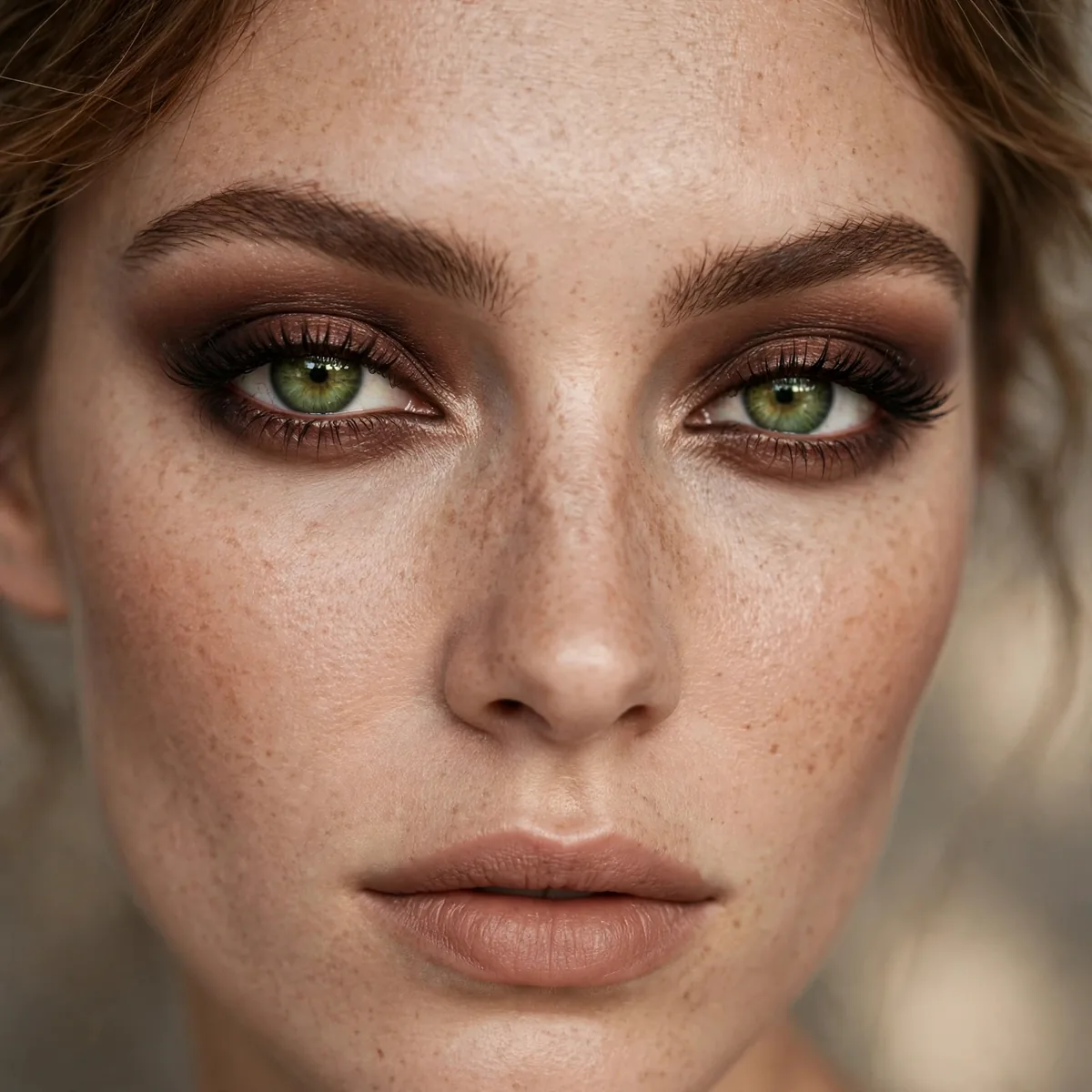 Rich chocolate brown smoky eye adding depth to green eyes