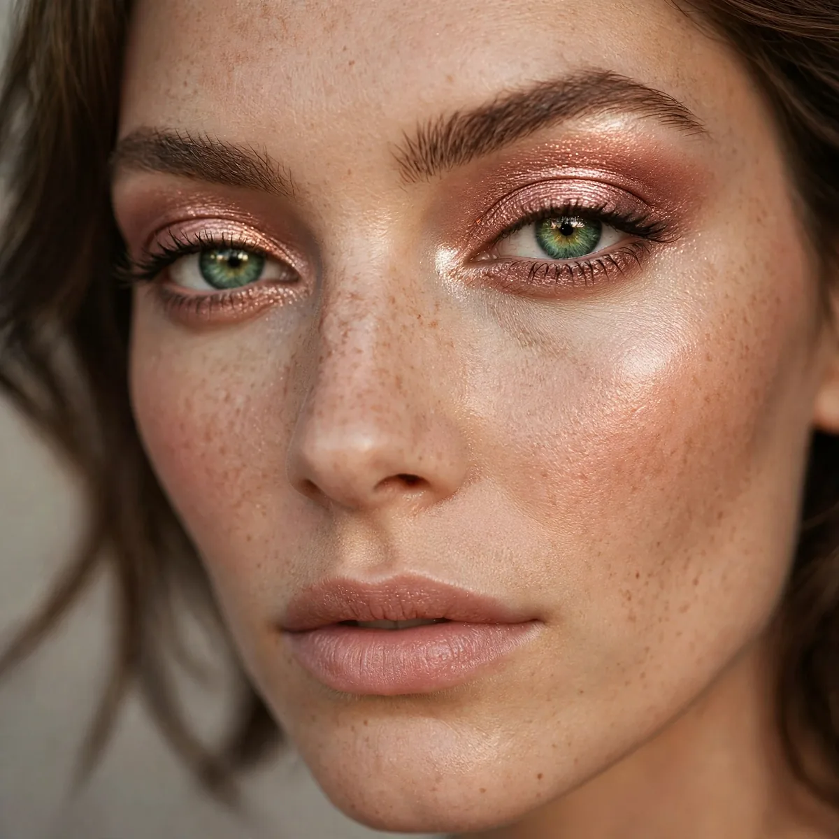 Rose gold eyeshadow giving green eyes an elegant metallic glow