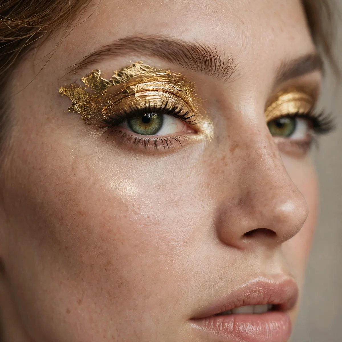 Gold foil eyeshadow creating a luxurious metallic lid on green eyes