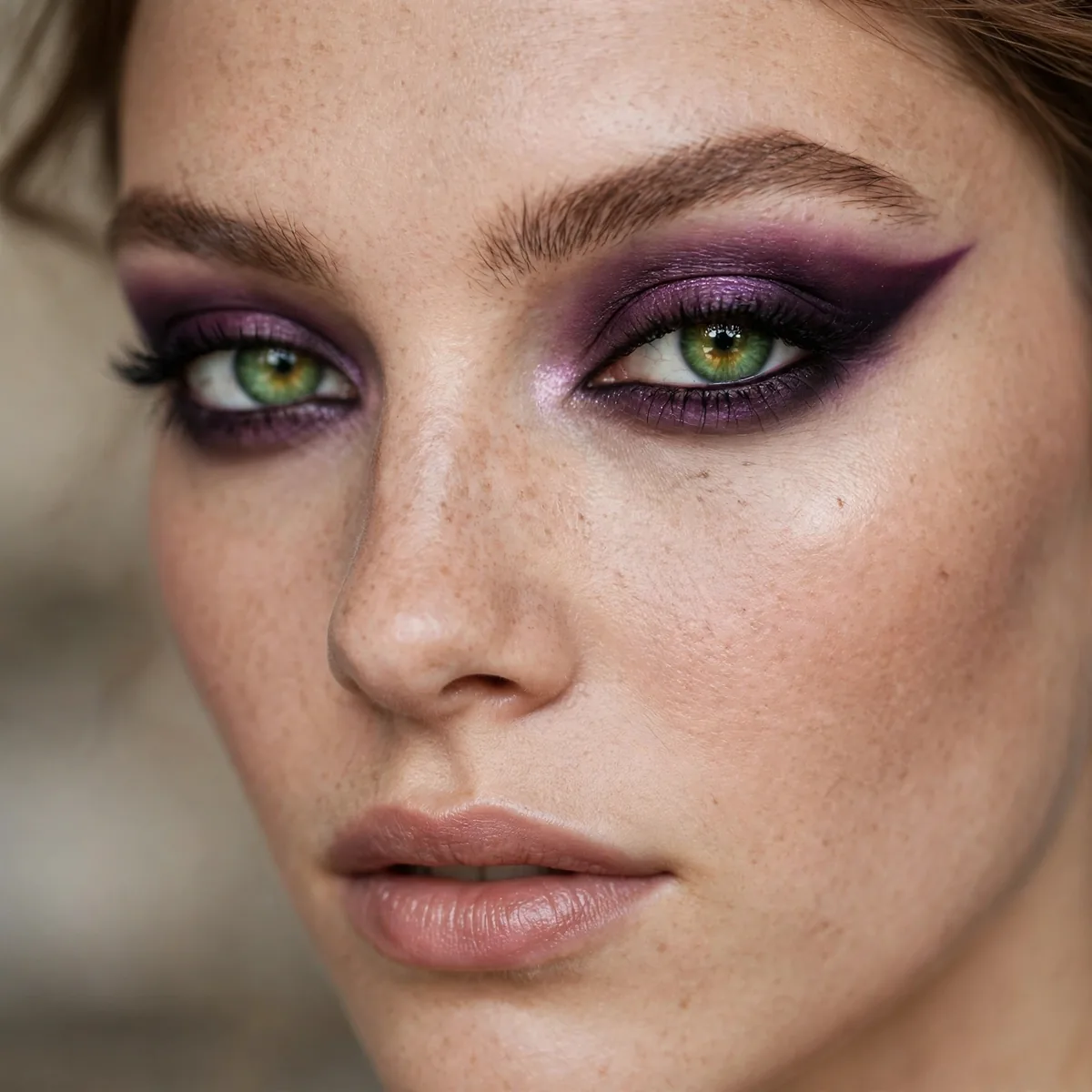 Smoky plum cat eye eyeshadow giving green eyes dramatic feline definition