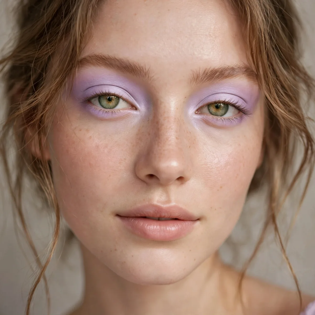 Pastel lilac eyeshadow wash giving green eyes a dreamy ethereal look
