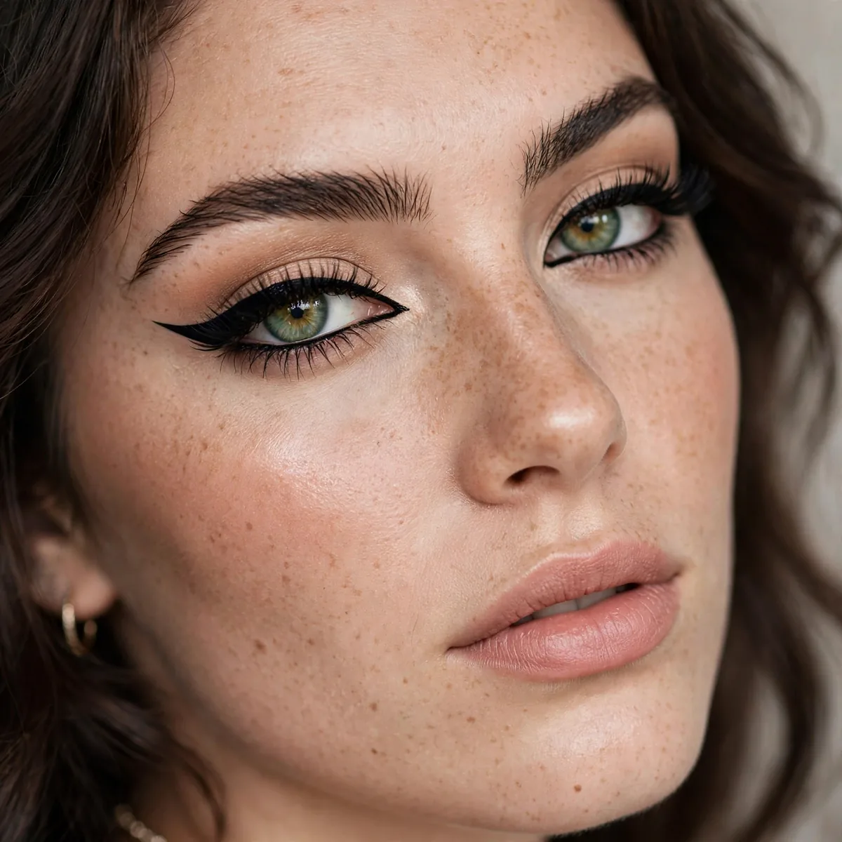 Classic black winged eyeliner making green eyes look sharp for prom