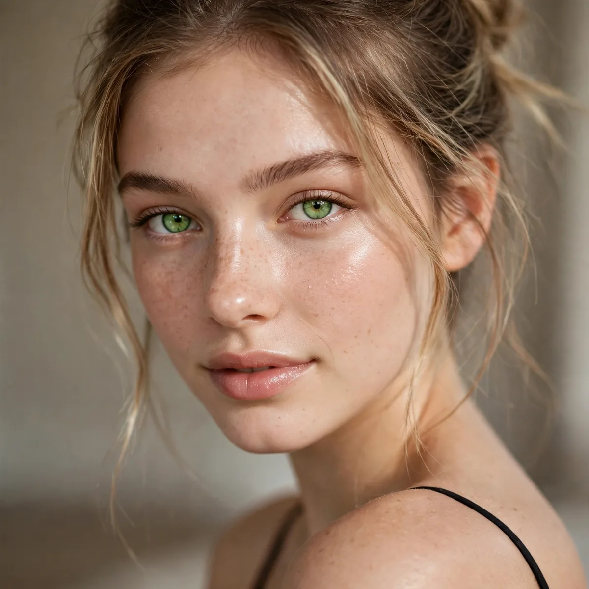 Dewy barely-there makeup letting green eyes shine naturally for prom