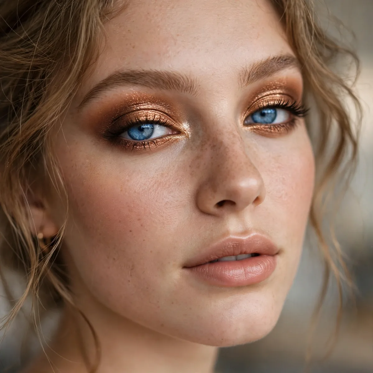 Bronze halo eyeshadow making blue eyes glow warmly for prom