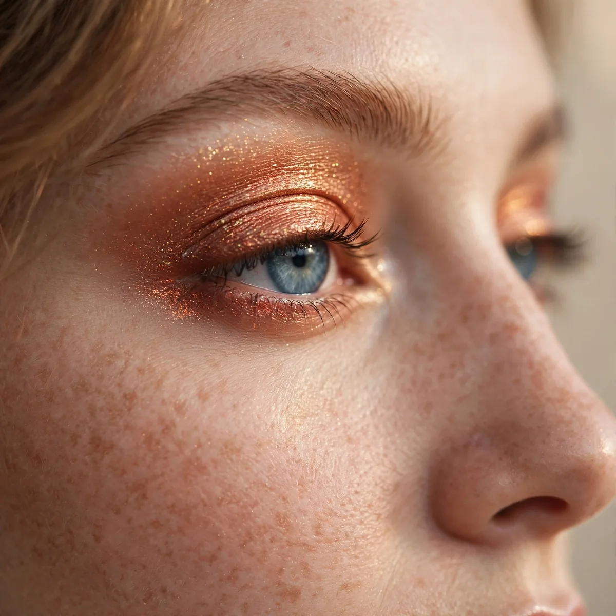 Copper shimmer eyeshadow giving blue eyes a warm radiant glow