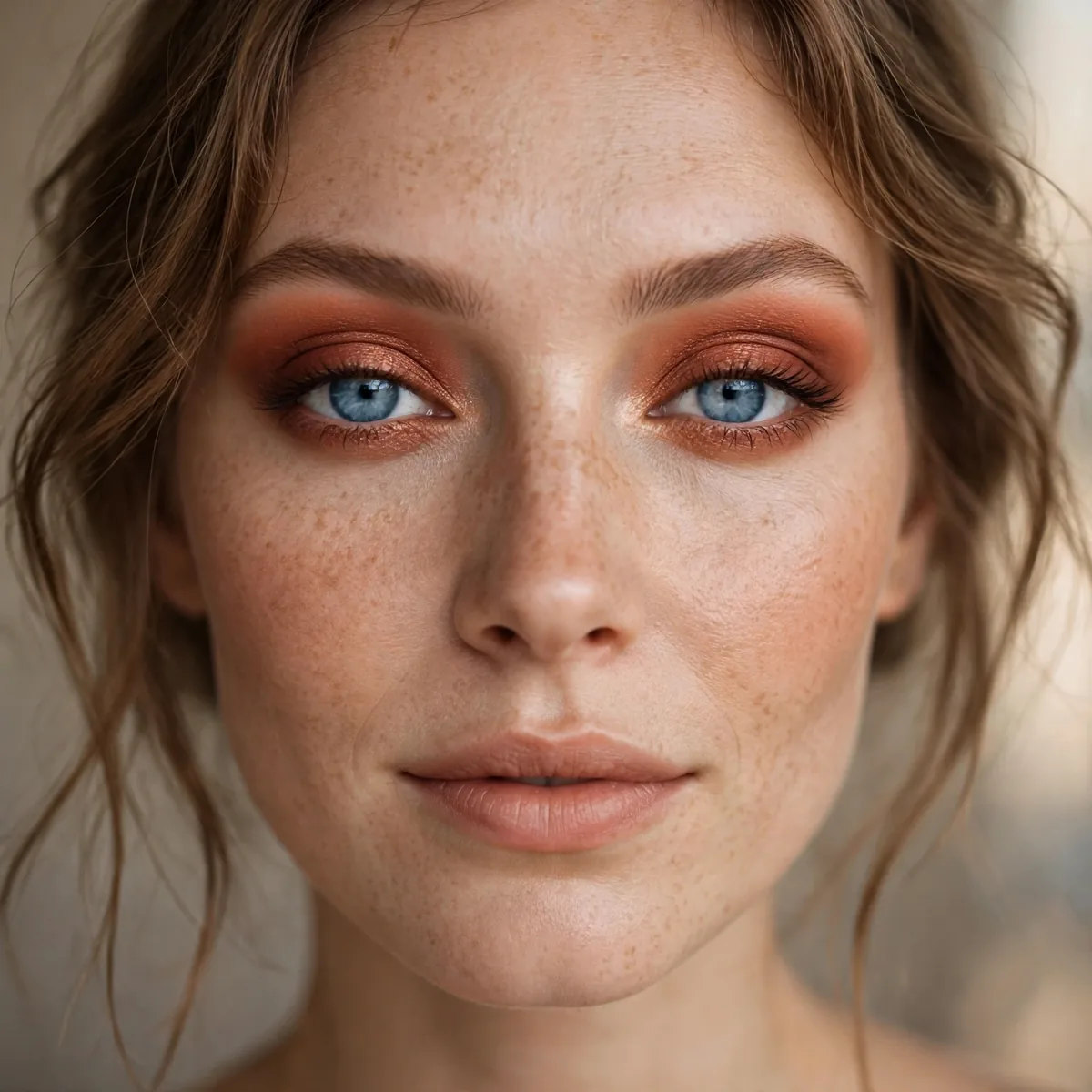 Terracotta eyeshadow blend warming blue eyes with earthy tones