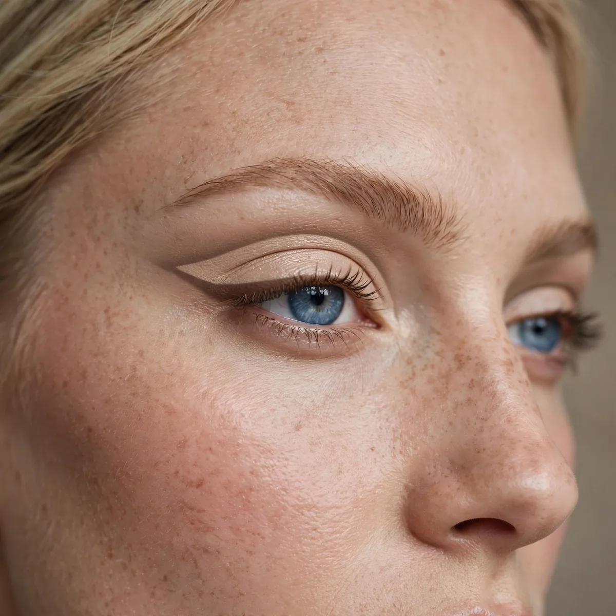 Nude cut crease eyeshadow defining blue eyes with sharp precision
