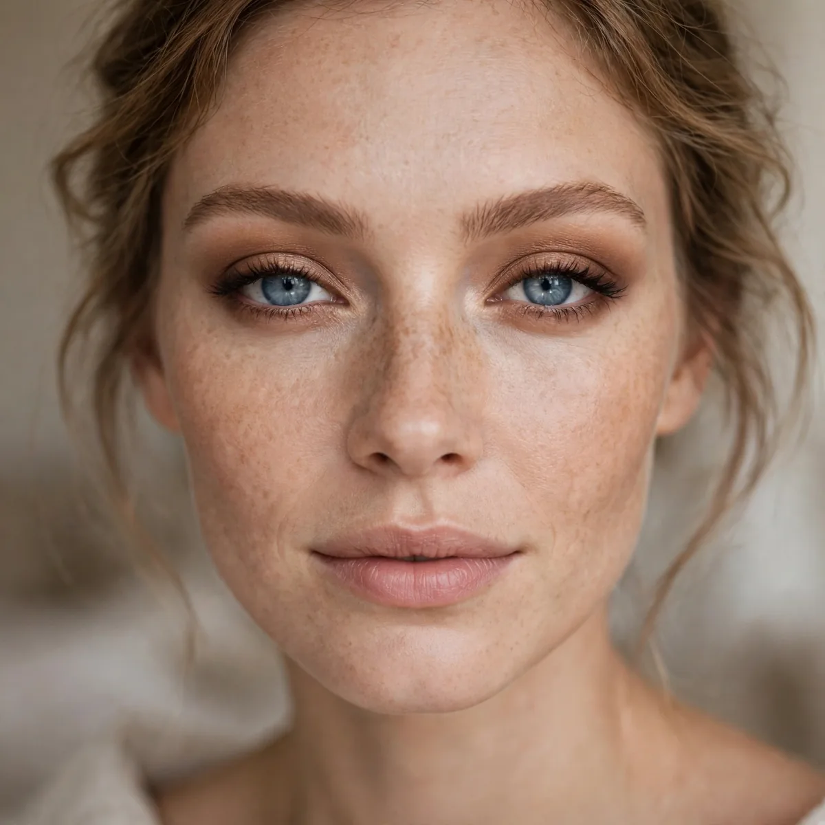 Soft caramel smoky eyeshadow whispering warm definition on blue eyes