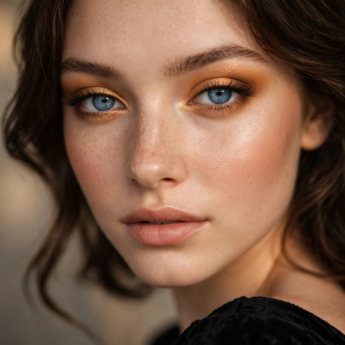 Amber eyeshadow giving blue eyes a warm glowing moment for prom