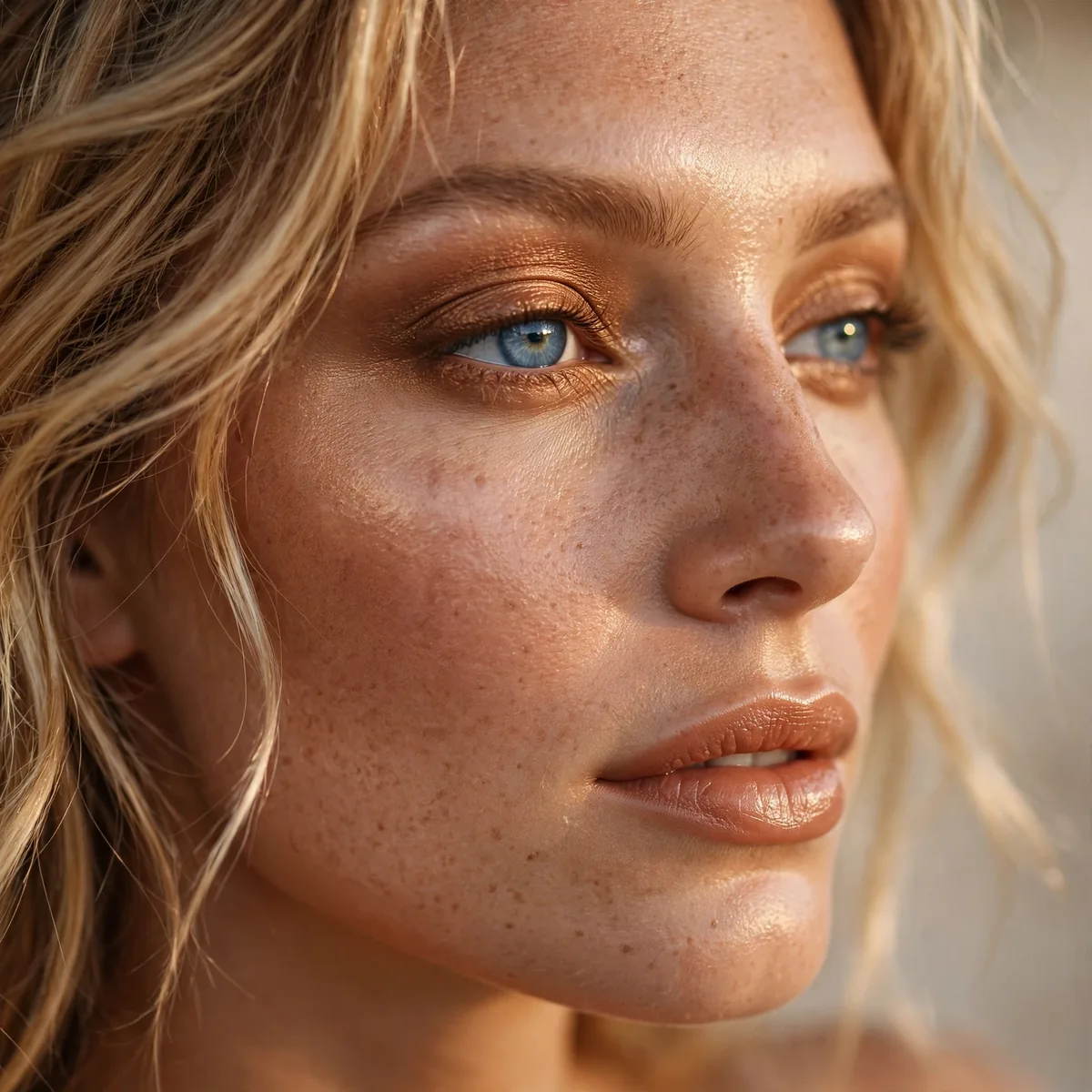 Sunkissed bronze makeup giving blue eyes a warm vacation glow
