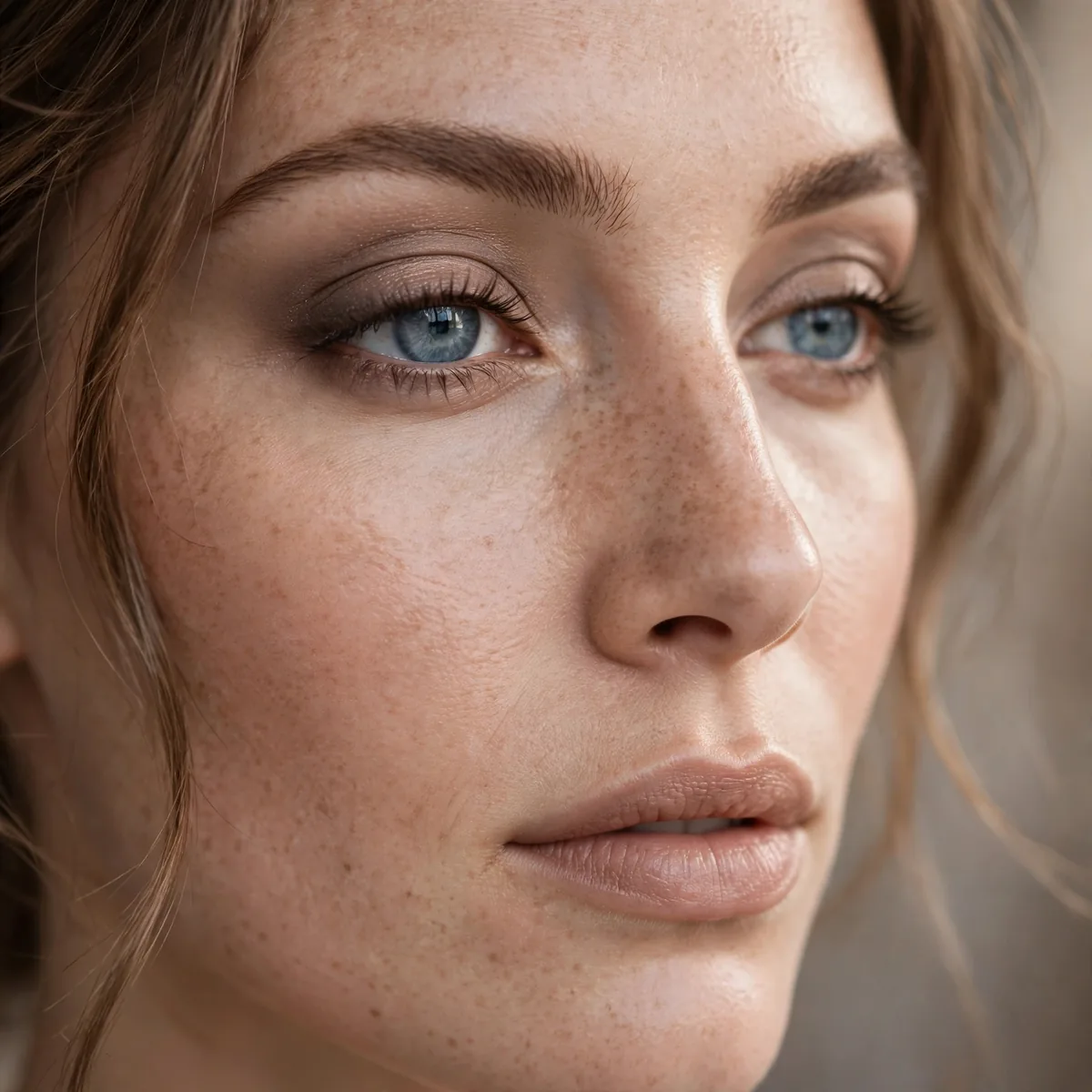 Warm taupe eyeshadow giving blue eyes elegant neutral definition