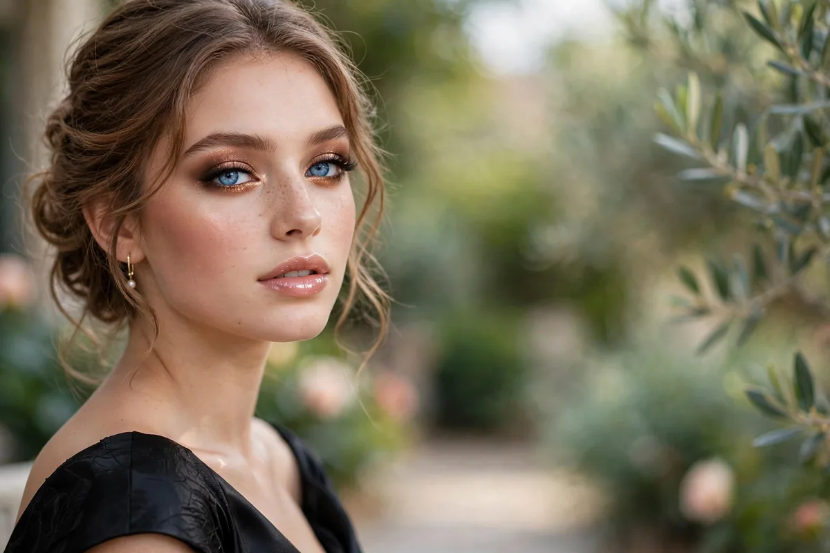 Prom makeup with bronze eyeshadow enhancing blue eyes