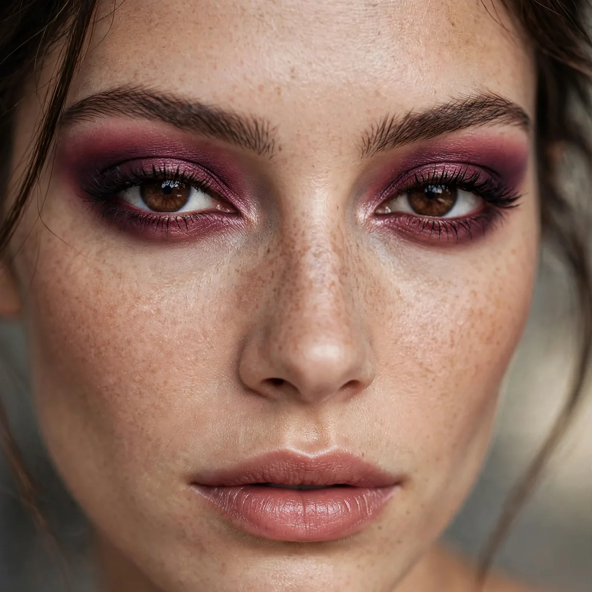 Berry smoky eyeshadow giving brown eyes a sultry allure