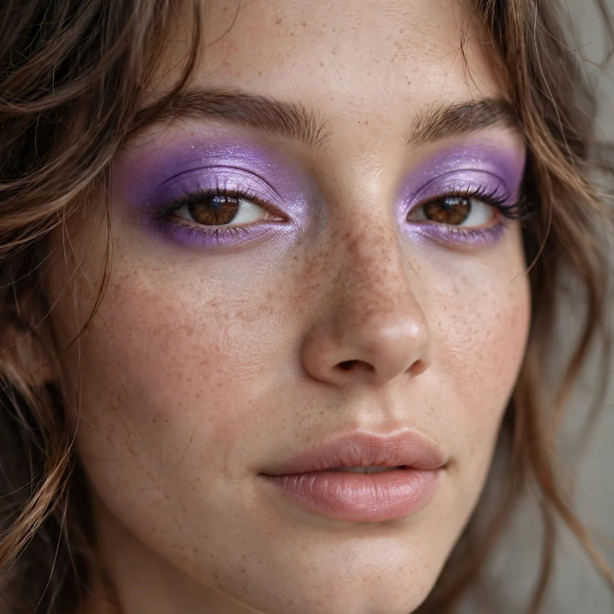 Dreamy violet eyeshadow giving brown eyes an ethereal glow