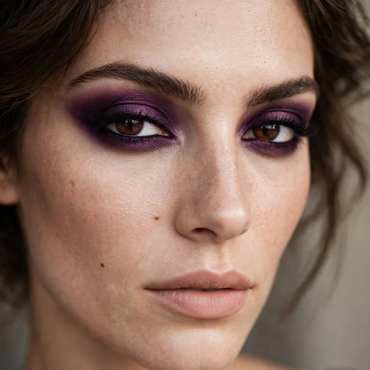 Dramatic deep plum eyeshadow giving brown eyes intense definition