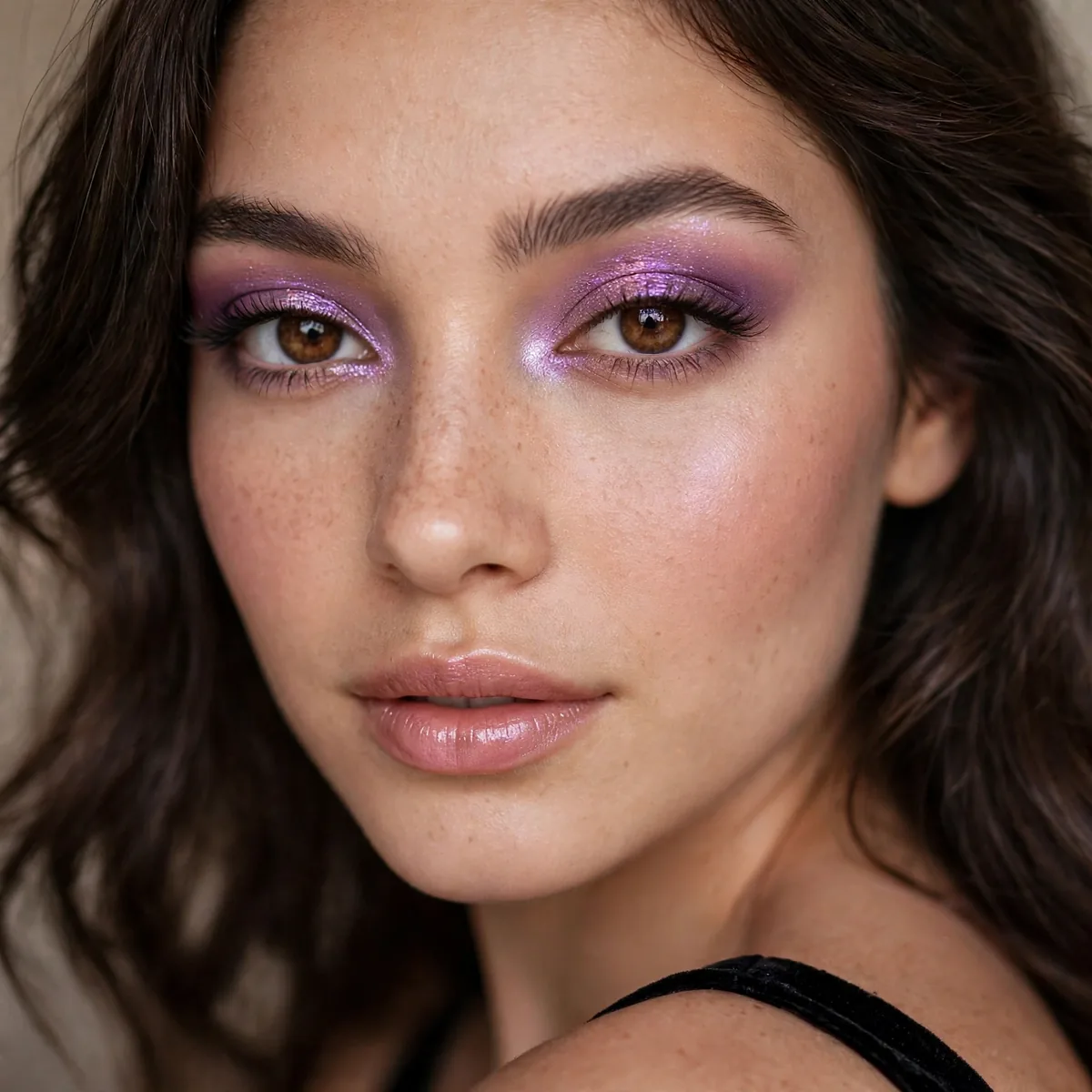 Radiant orchid eyeshadow giving brown eyes a glowing pop for prom