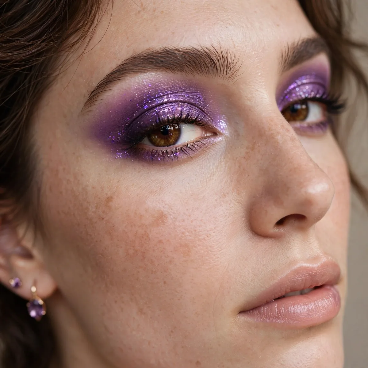 Alluring amethyst eyeshadow enhancing brown eyes with jewel tones