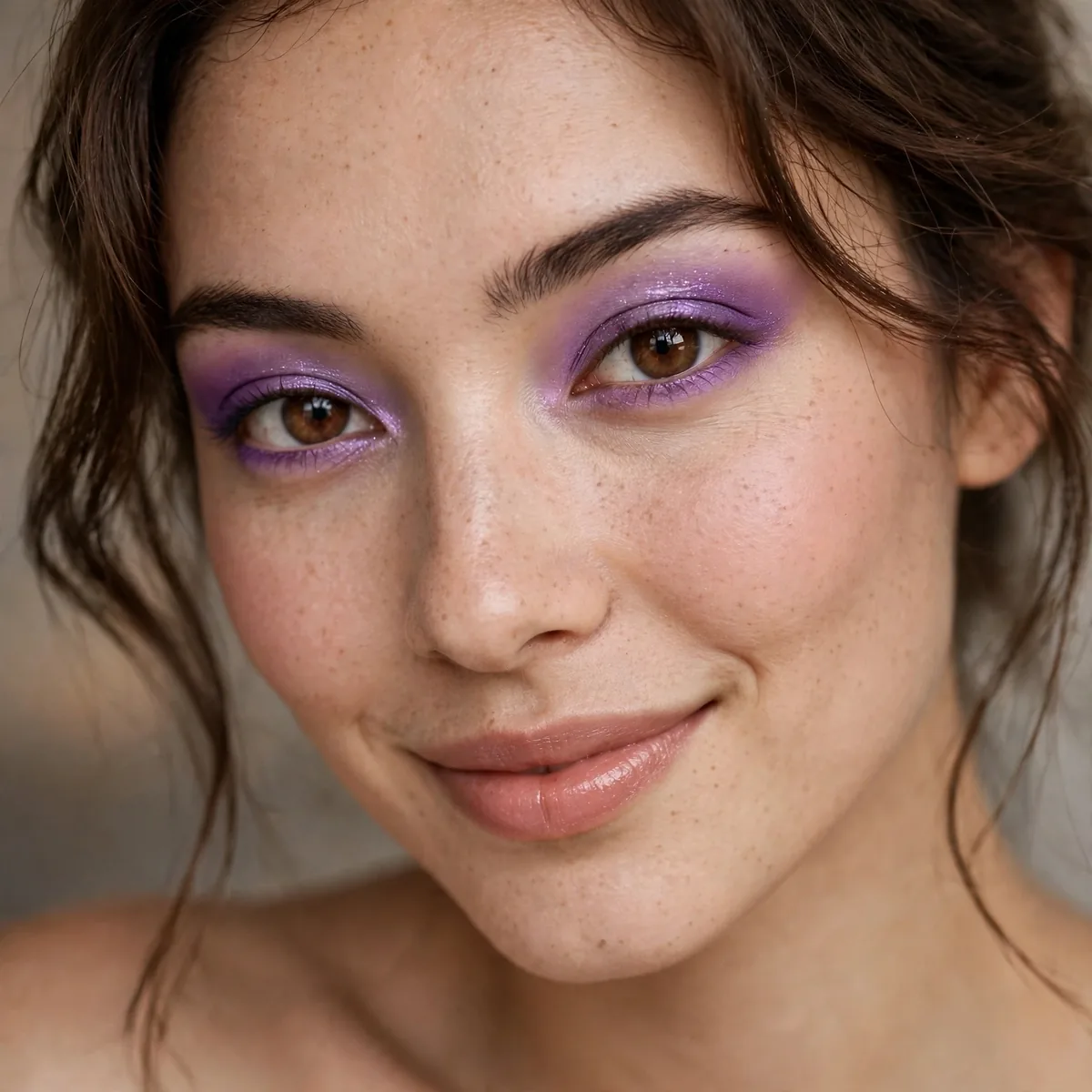 Fun grape purple eyeshadow giving brown eyes a playful pop