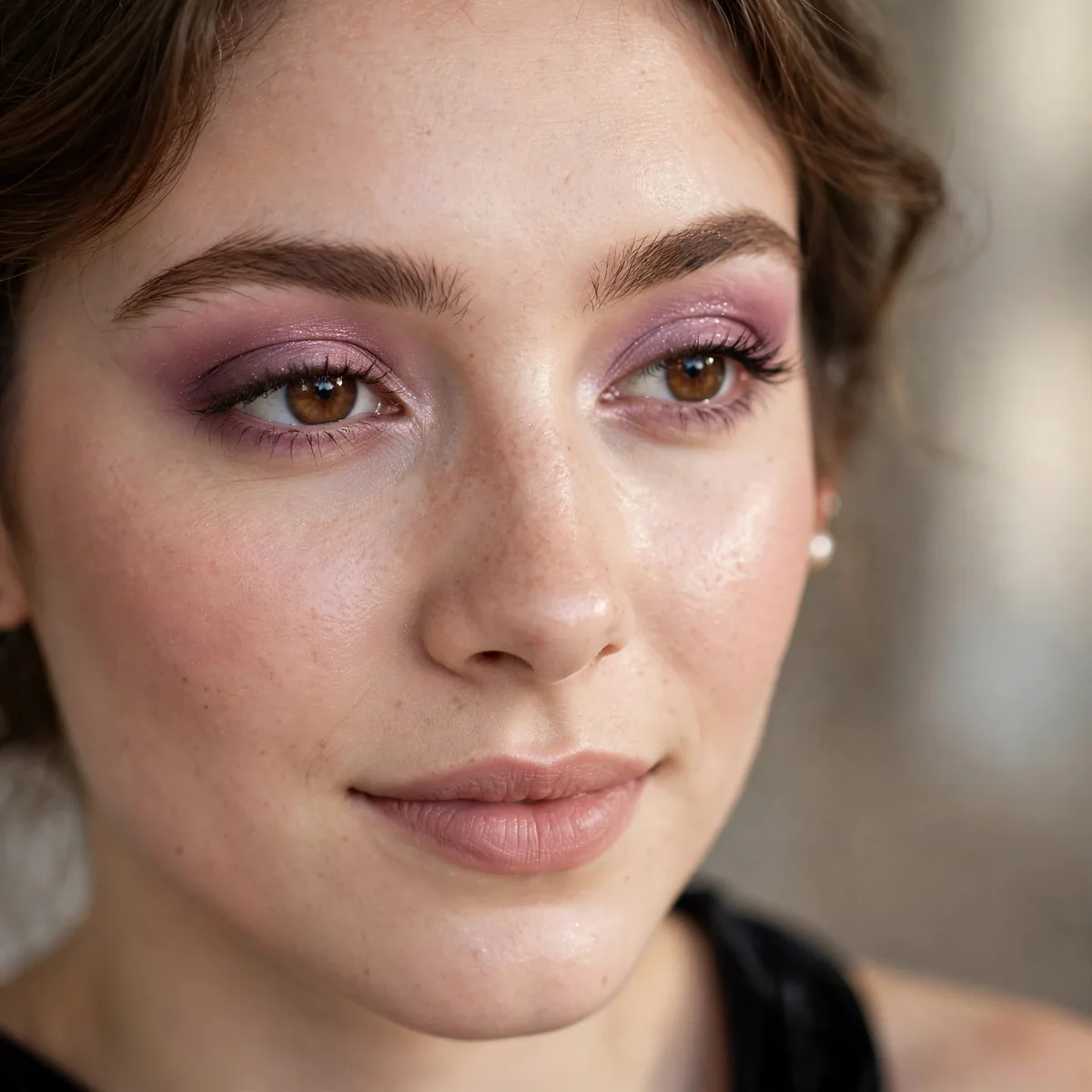 Dreamy mauve eyeshadow washing over brown eyes softly for prom