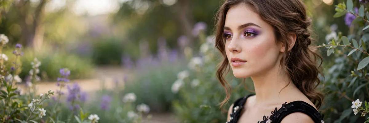 Prom makeup with purple eyeshadow enhancing brown eyes