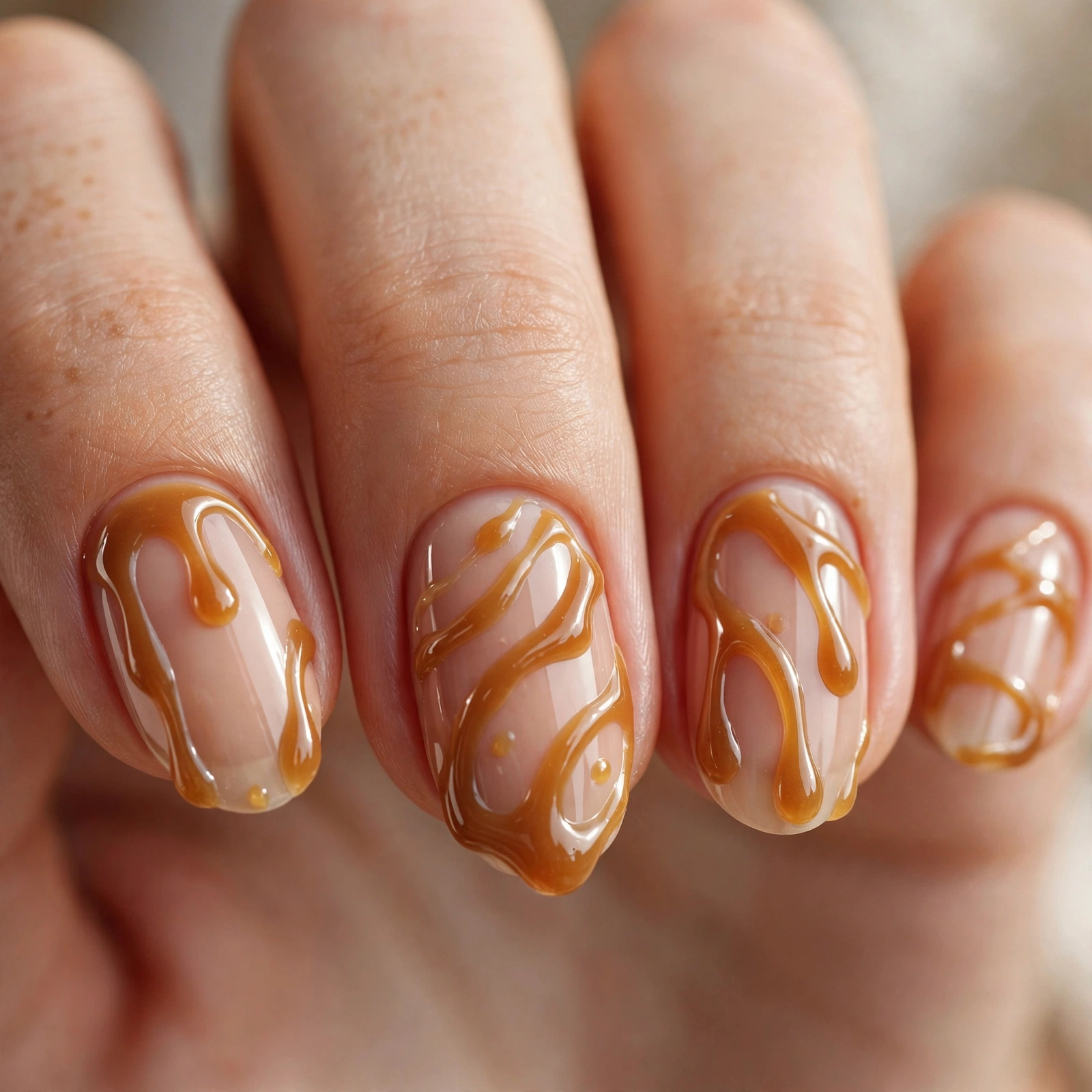 Caramel drizzle nail art design