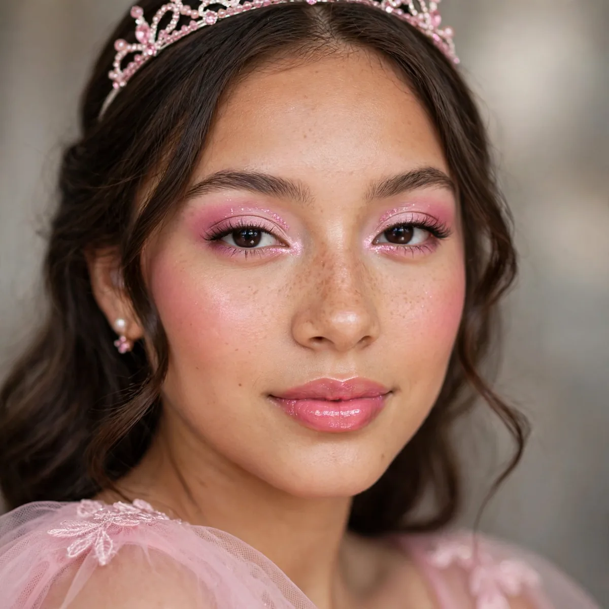 Soft pink princess makeup with glowing skin for quinceanera