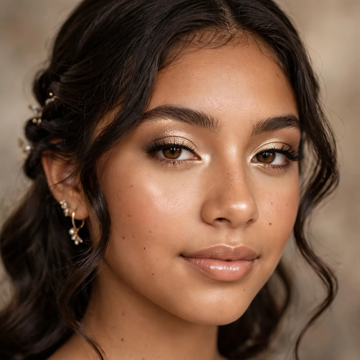 Elegant champagne makeup giving quinceanera a sophisticated glow