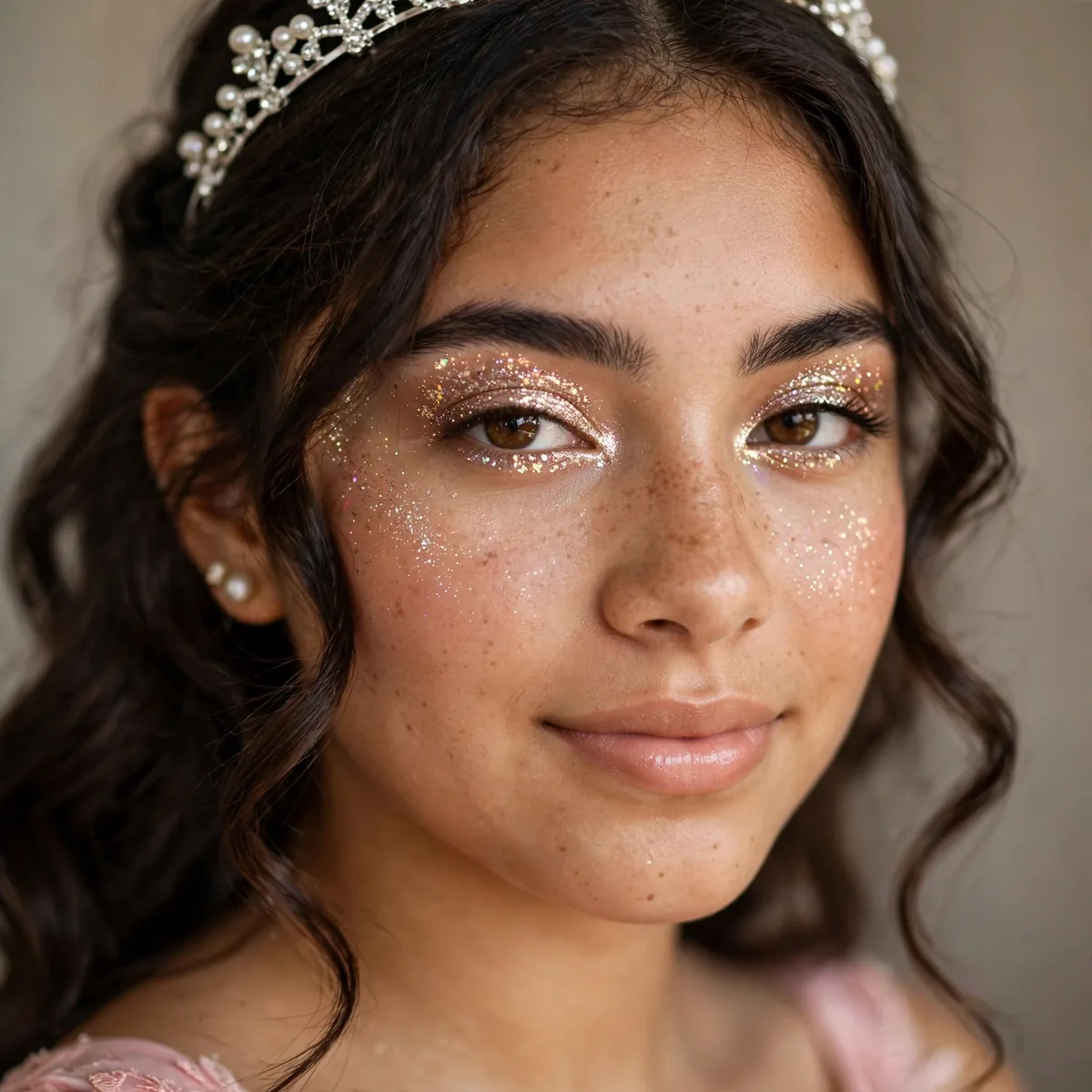 Sparkling glitter glam makeup making quinceanera shine brightly