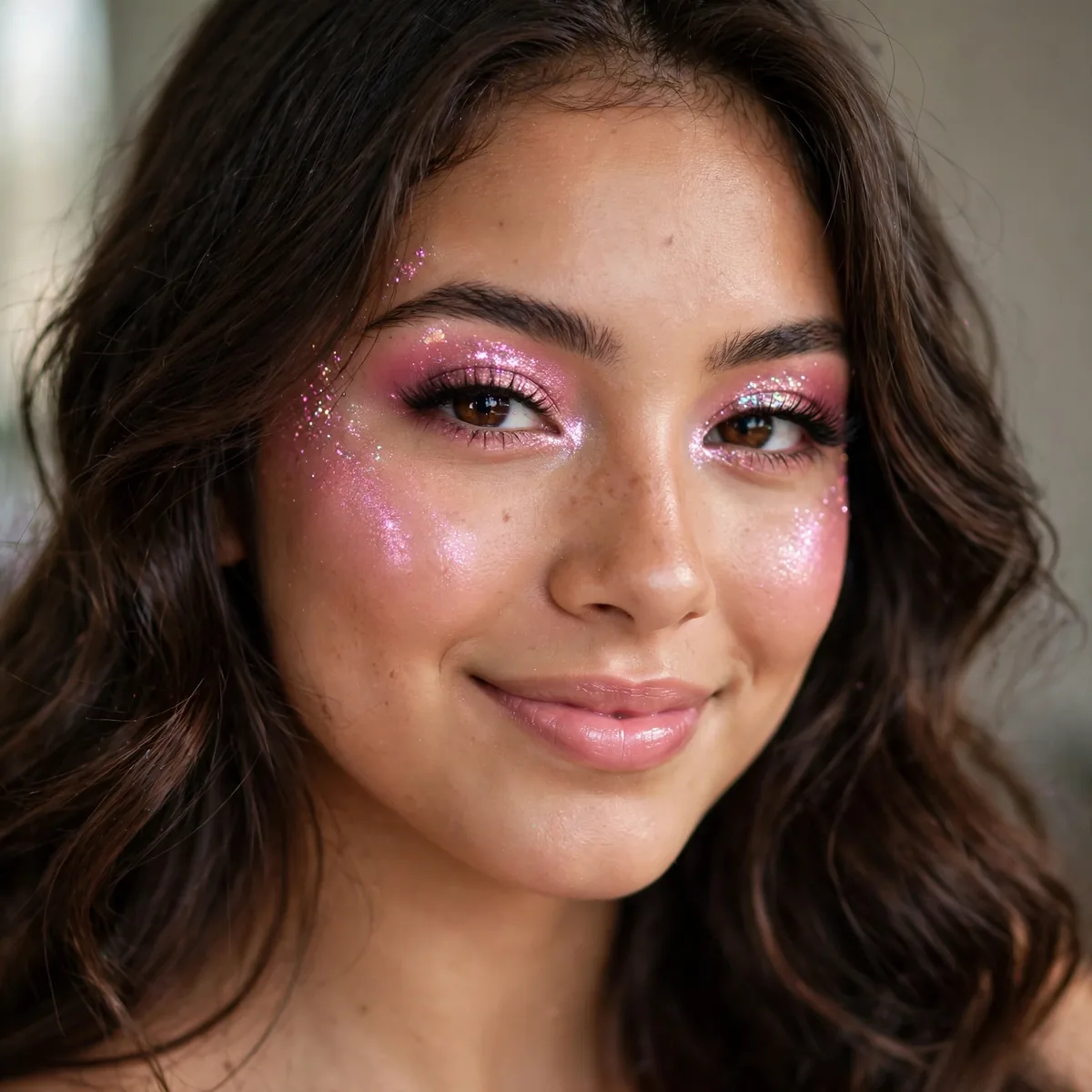Sparkling pink shimmer makeup making quinceanera shine sweetly