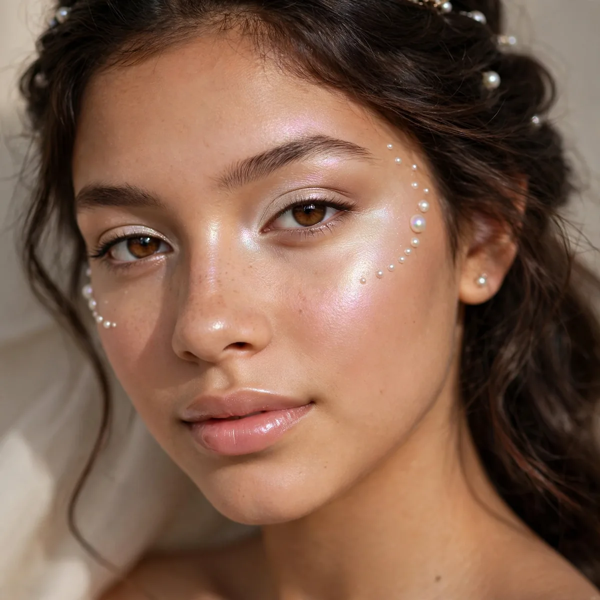 Luminous pearl glow makeup giving quinceanera an iridescent shine