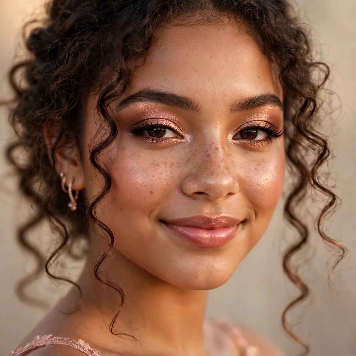 Radiant rose gold makeup making quinceanera glow warmly