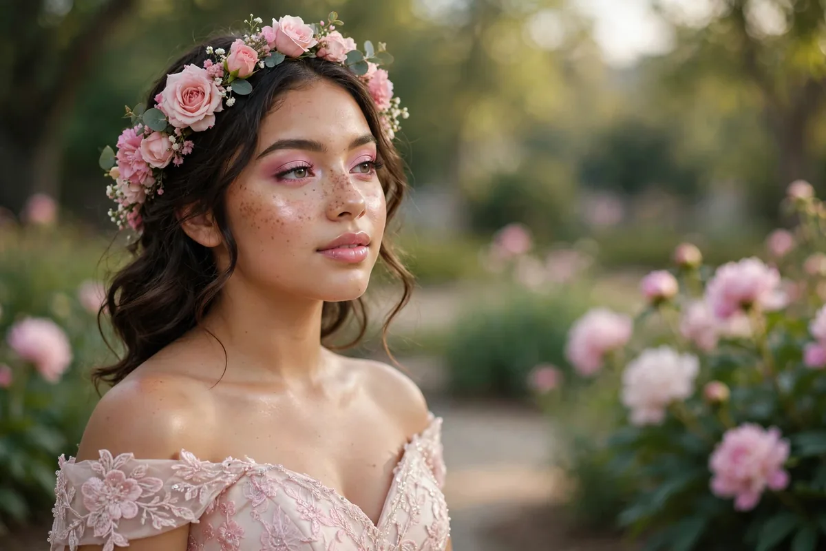 Quinceanera makeup with soft pink eyeshadow and glowing skin