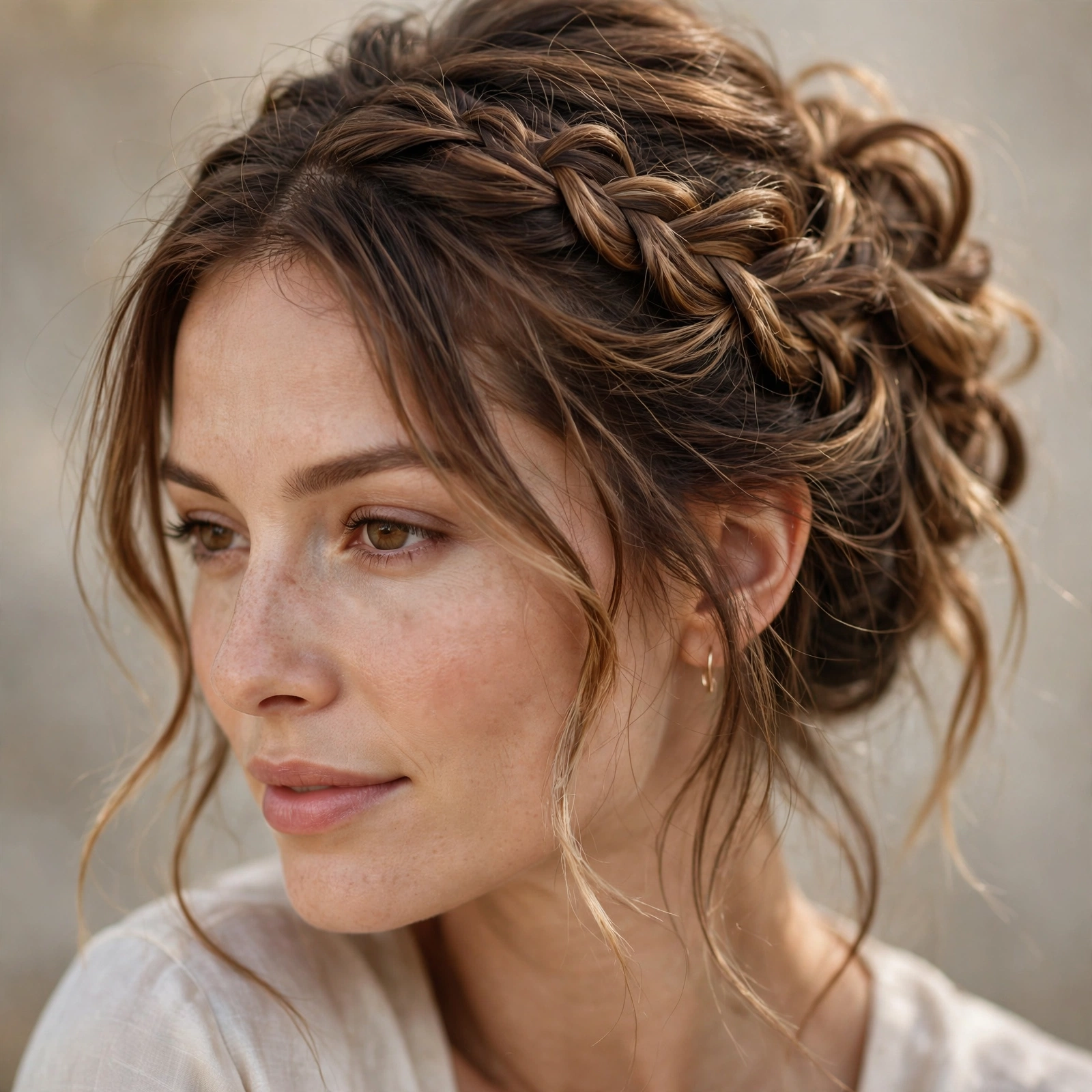 Loose braid woven into a romantic updo