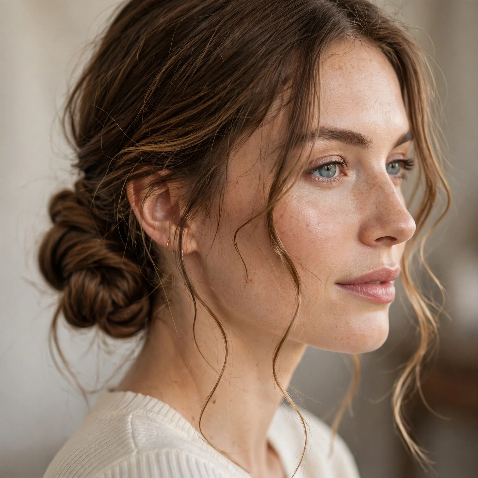 Low twisted bun with soft tendrils