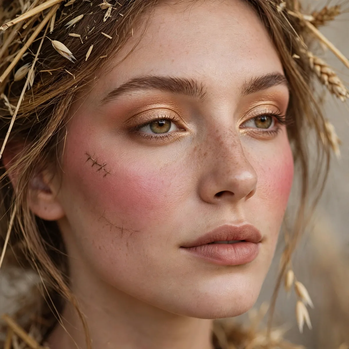 Portrait of woman with rosy harvest scarecrow featuring warm blush swept high on the cheeks and golden wheat-toned eyeshadow