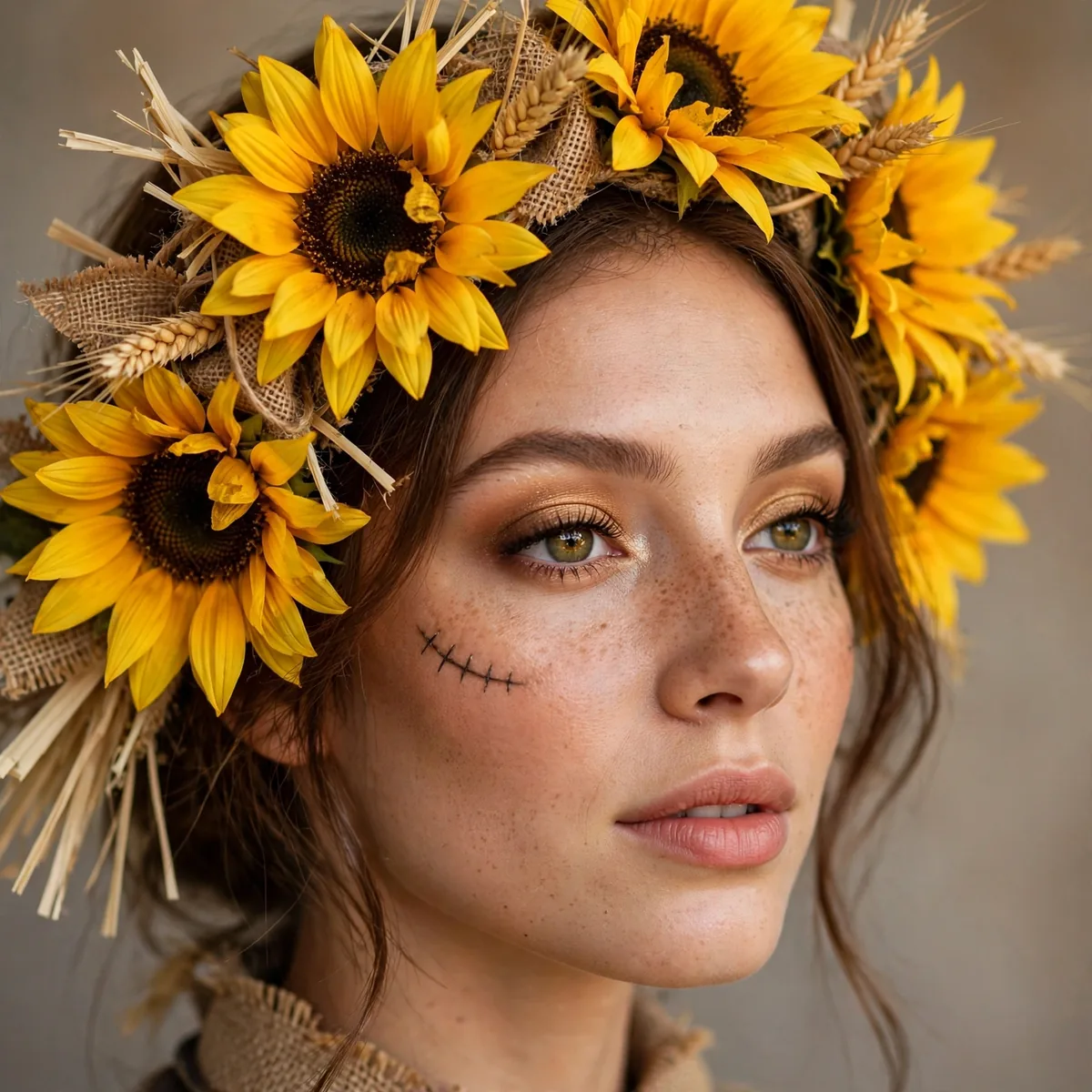 Three-quarter view of sunflower crown scarecrow with bright yellow petals framing the face under studio lighting