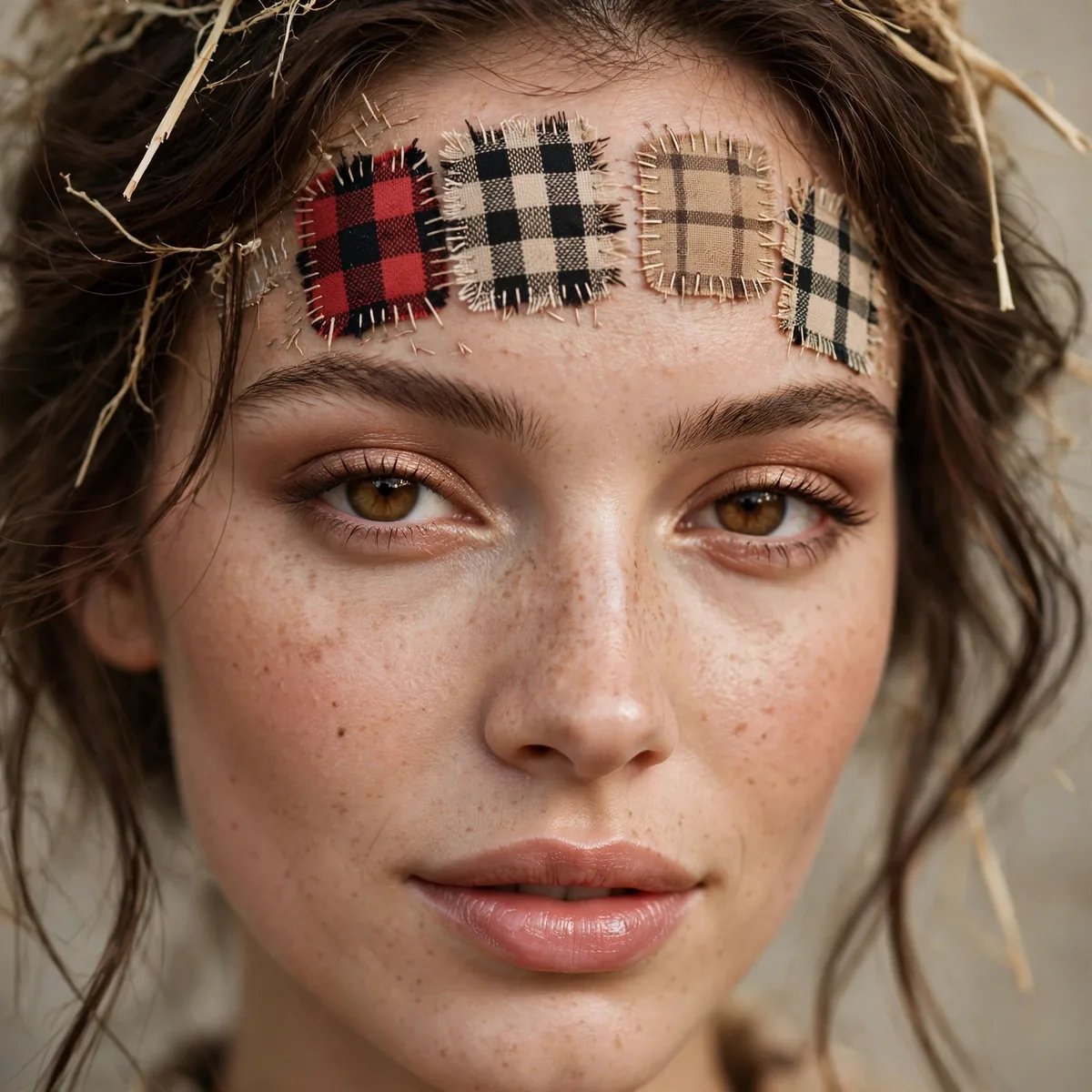 Close-up of plaid patch scarecrow showing fabric-patch squares on the forehead, flawlessly blended