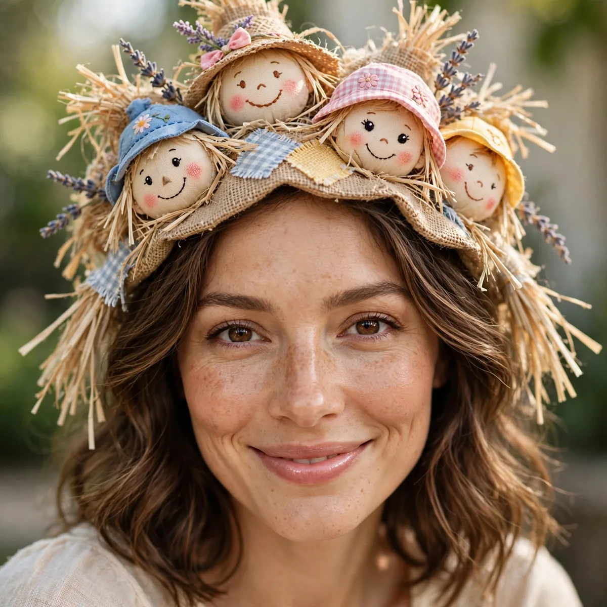 Woman with friendly kids scarecrow, soft simple shapes for little faces clearly visible in daylight