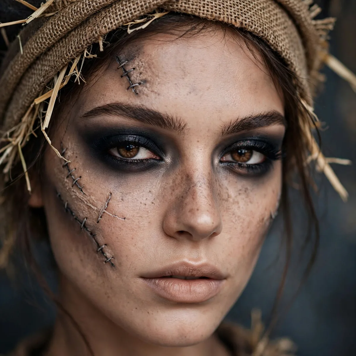 Beauty close-up of spooky midnight scarecrow highlighting smoky dark eyeshadow and skin finish
