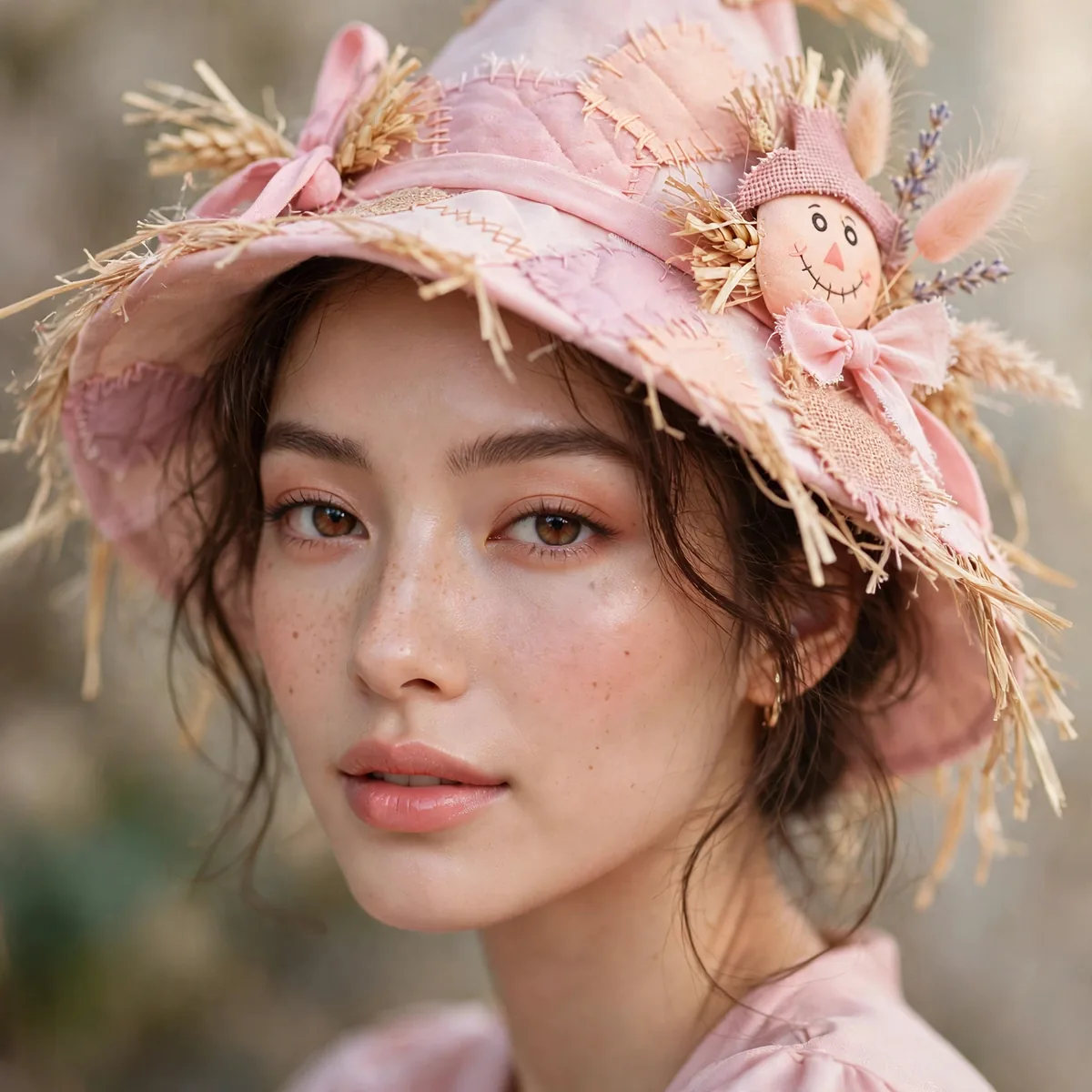 Woman wearing pink pastel scarecrow with soft pink and peach tones, photographed in soft natural light