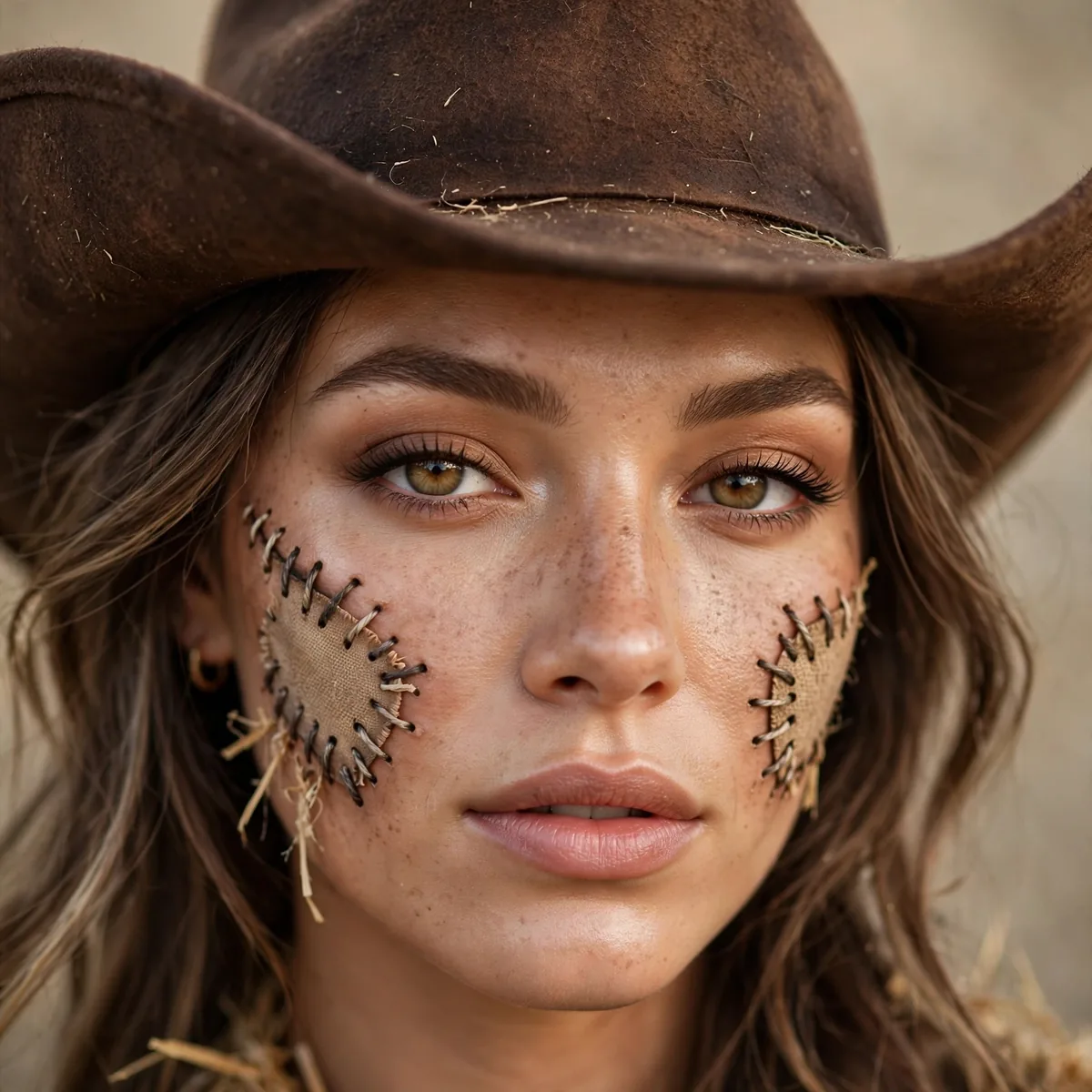 Close-up of cowgirl scarecrow showing stitched cheeks under a felt hat, flawlessly blended